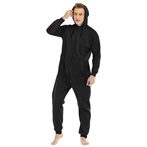 Ketamyy Hombre Pijama Mono Entero con Capucha Color Sólido Casual Forro Polar Mezcla de Algodón Cremallera Manga Larga Jumpsuit Adulto Una Pieza Invierno Otoño Termica Cómodo Negro 2XL
