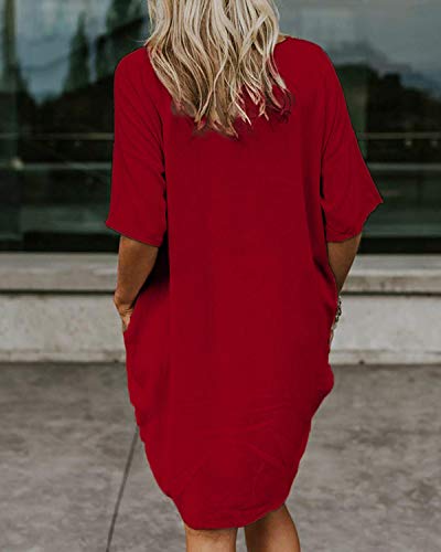 Kidsform Vestido de Talla Grande para Mujer Vestido de Otoño de Primavera Túnica de Gran Tamaño Mini Vestido Manga Corta Cuello Redondo con Bolsillos Casual H-Vino Tinto M