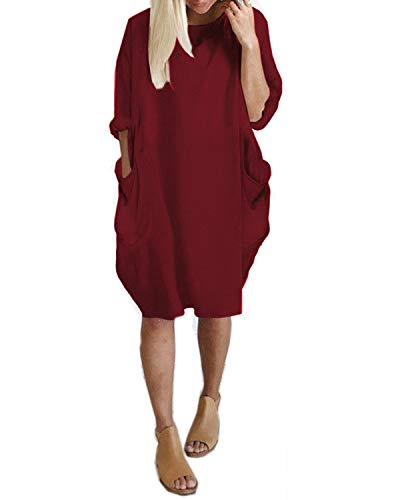 Kidsform Vestido de Talla Grande para Mujer Vestido de Otoño de Primavera Túnica de Gran Tamaño Mini Vestido Manga Larga Cuello Redondo con Bolsillos Casual D-Vino Tinto XL