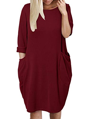 Kidsform Vestido de Talla Grande para Mujer Vestido de Otoño de Primavera Túnica de Gran Tamaño Mini Vestido Manga Larga Cuello Redondo con Bolsillos Casual D-Vino Tinto XL