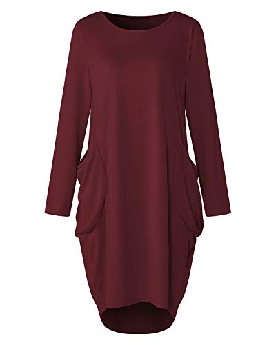 Kidsform Vestido de Talla Grande para Mujer Vestido de Otoño de Primavera Túnica de Gran Tamaño Mini Vestido Manga Larga Cuello Redondo con Bolsillos Casual D-Vino Tinto XL