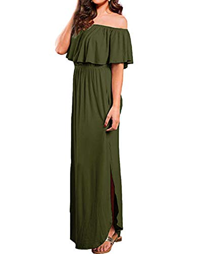 Kidsform Vestido Largo Mujer Vestido Mujer Sin Tirantes Manga Corta Cuello Redondo con Bolsillo Sexy y Elegante D-Ejército Verde M