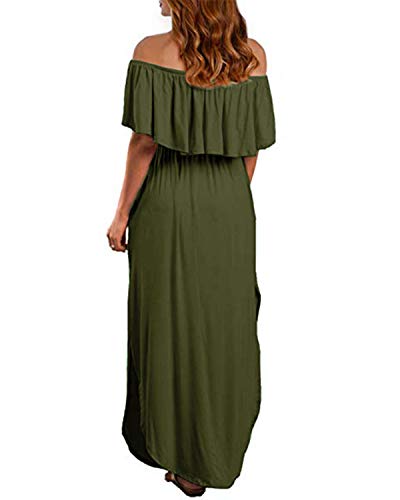 Kidsform Vestido Largo Mujer Vestido Mujer Sin Tirantes Manga Corta Cuello Redondo con Bolsillo Sexy y Elegante D-Ejército Verde M
