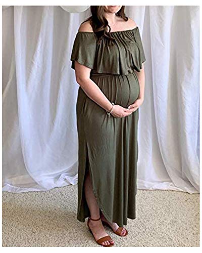 Kidsform Vestido Largo Mujer Vestido Mujer Sin Tirantes Manga Corta Cuello Redondo con Bolsillo Sexy y Elegante D-Ejército Verde M