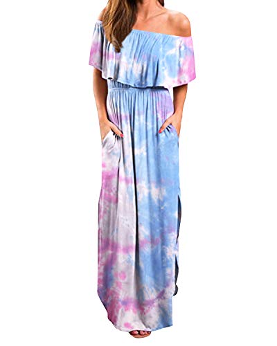 Kidsform Vestido Largo Mujer Vestido Mujer Sin Tirantes Manga Corta Cuello Redondo con Bolsillo Sexy y Elegante G-Azul Claro XL