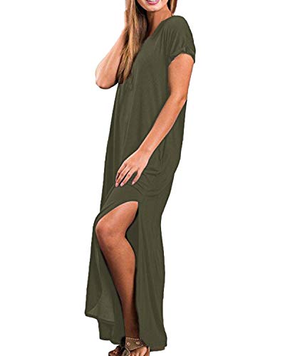 Kidsform Vestidos Largos Mujer Manga Corta Cuello en V Vestidos de Fiesta Chic Vestito con Bolsillos Elegante y Encantador K-Verde Militar 2XL
