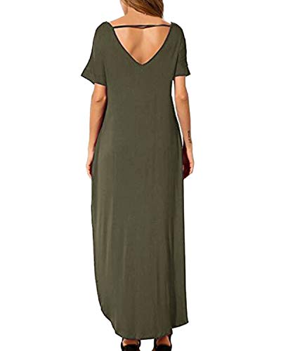 Kidsform Vestidos Largos Mujer Manga Corta Cuello en V Vestidos de Fiesta Chic Vestito con Bolsillos Elegante y Encantador K-Verde Militar 2XL