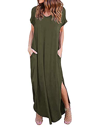 Kidsform Vestidos Largos Mujer Manga Corta Cuello en V Vestidos de Fiesta Chic Vestito con Bolsillos Elegante y Encantador K-Verde Militar 2XL