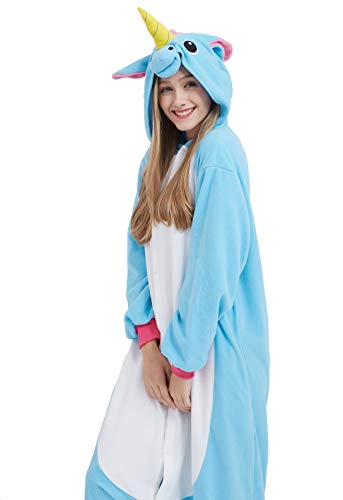 Kigurumi Pijama Animal Entero Unisex para Adultos con Capucha Cosplay Pyjamas Unicornio Azul Ropa de Dormir Traje de Disfraz para Festival de Carnaval Halloween Navidad