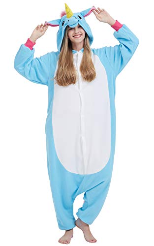 Kigurumi Pijama Animal Entero Unisex para Adultos con Capucha Cosplay Pyjamas Unicornio Azul Ropa de Dormir Traje de Disfraz para Festival de Carnaval Halloween Navidad