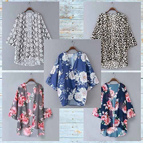 Kimono Cardigan Mjuer - Cardigan Floral Mujer, Camisolas y Pareos Pareo Playa Chal Kimono Cover Up Manga 3/4 Loose Floral (Lago Azul, S)