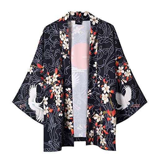 Kimono Japones Hombre, Impresión 3D Kimono Japonés Haori Yukata Cosplay Mujeres/Hombres Moda Verano Casual Manga Corta Streetwear Chaquetas Ropa,Black-XXL