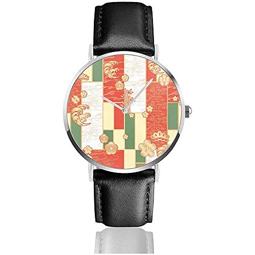 Kimono japonés Plantilla Relojes Minimalista Casual Moda Correa de Cuero Negro