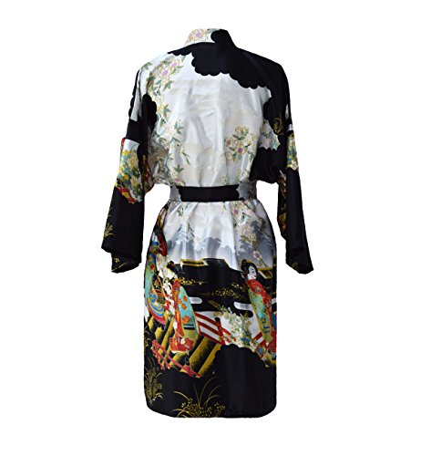 Kimono Mujer japonesa negro - bata corta elegante de satén