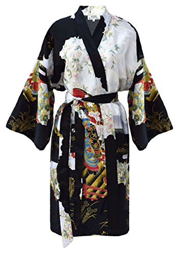 Kimono Mujer japonesa negro - bata corta elegante de satén