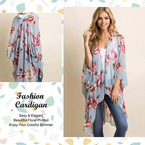 Kimono para Mujer - Cárdigan Largo Kimono, Floral Mujeres Kimono Dormir Bata Verano Satén Suave y Ligero (Azul Claro, L)
