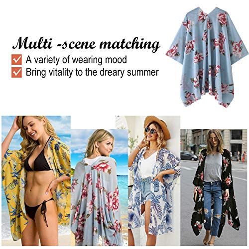 Kimono para Mujer - Cárdigan Largo Kimono, Floral Mujeres Kimono Dormir Bata Verano Satén Suave y Ligero (Azul Claro, L)