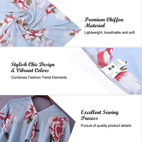 Kimono para Mujer - Cárdigan Largo Kimono, Floral Mujeres Kimono Dormir Bata Verano Satén Suave y Ligero (Azul Claro, L)