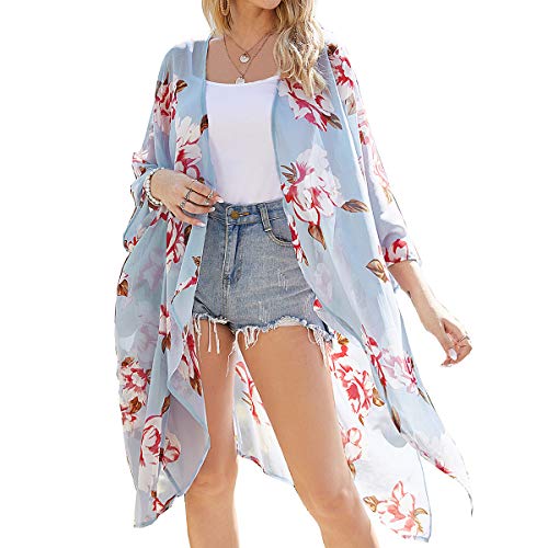 Kimono para Mujer - Cárdigan Largo Kimono, Floral Mujeres Kimono Dormir Bata Verano Satén Suave y Ligero (Azul Claro, L)