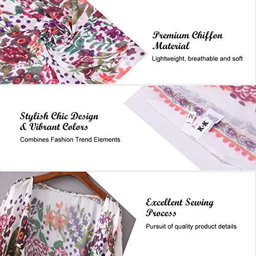 Kimono para Mujer - Cárdigan Largo Kimono, Floral Mujeres Kimono Dormir Bata Verano Satén Suave y Ligero (Blanco A, M)