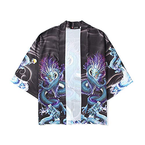 Kimono tradicional para mujeres, kimono cárdigan mujeres hombres japoneses masculinos Yukata hombres Haori japoneses ola de carpa impresión capa tradicional japonesa, ropa de Japón, negro-L