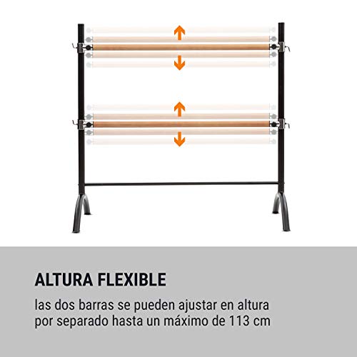 Klarfit Barre - Barra de Ballet Doble, 2 x 38 mm de diámetro, Recubrimiento de Goma Antideslizante, Altura Flexible, Material Acero con Aspecto de Madera, Soporte Curvado, 110 x 113 cm, Negro