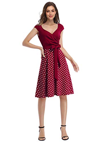 KOJOOIN Vestido de Noche con Cuello en V Vintage de los años 50 para Mujer Vestidos Retro Rockabilly Vestido de cóctel Estilo Hepburn Manga Corta Estampado de Lunares Vino Rojo S