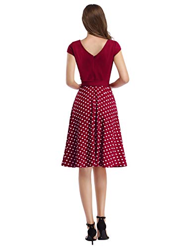 KOJOOIN Vestido de Noche con Cuello en V Vintage de los años 50 para Mujer Vestidos Retro Rockabilly Vestido de cóctel Estilo Hepburn Manga Corta Estampado de Lunares Vino Rojo S