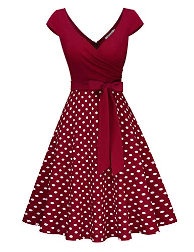 KOJOOIN Vestido de Noche con Cuello en V Vintage de los años 50 para Mujer Vestidos Retro Rockabilly Vestido de cóctel Estilo Hepburn Manga Corta Estampado de Lunares Vino Rojo S