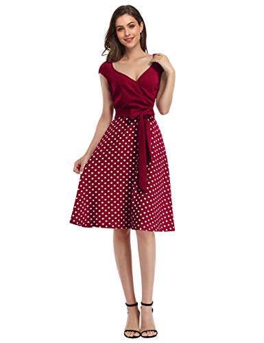 KOJOOIN Vestido de Noche con Cuello en V Vintage de los años 50 para Mujer Vestidos Retro Rockabilly Vestido de cóctel Estilo Hepburn Manga Corta Estampado de Lunares Vino Rojo S