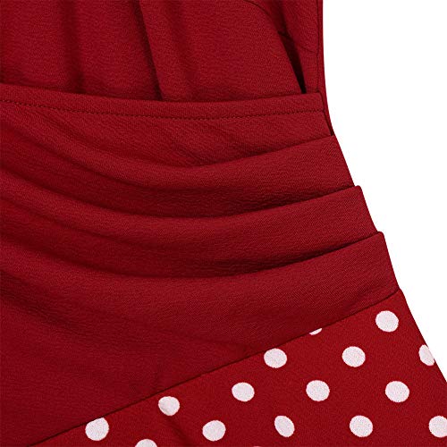KOJOOIN Vestido de Noche con Cuello en V Vintage de los años 50 para Mujer Vestidos Retro Rockabilly Vestido de cóctel Estilo Hepburn Manga Corta Estampado de Lunares Vino Rojo S