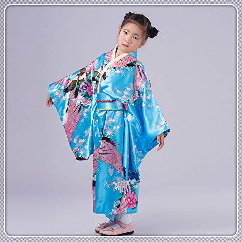 KRUIHAN Niños Yukata Vendimia Estilo Japones - Niña Kimono Tradicional Ropa Seda Tela Túnica Desgaste Boda Partido Actuación Vestido Azul 120CM