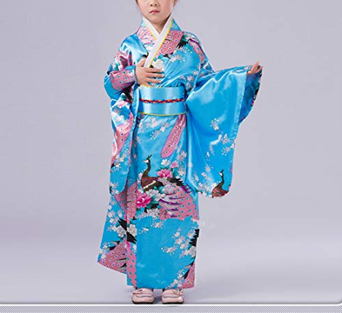 KRUIHAN Niños Yukata Vendimia Estilo Japones - Niña Kimono Tradicional Ropa Seda Tela Túnica Desgaste Boda Partido Actuación Vestido Azul 120CM