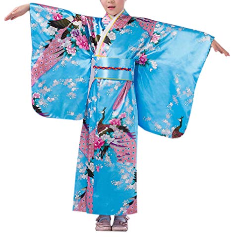 KRUIHAN Niños Yukata Vendimia Estilo Japones - Niña Kimono Tradicional Ropa Seda Tela Túnica Desgaste Boda Partido Actuación Vestido Azul 120CM