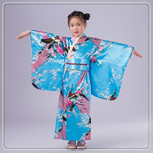 KRUIHAN Niños Yukata Vendimia Estilo Japones - Niña Kimono Tradicional Ropa Seda Tela Túnica Desgaste Boda Partido Actuación Vestido Azul 120CM