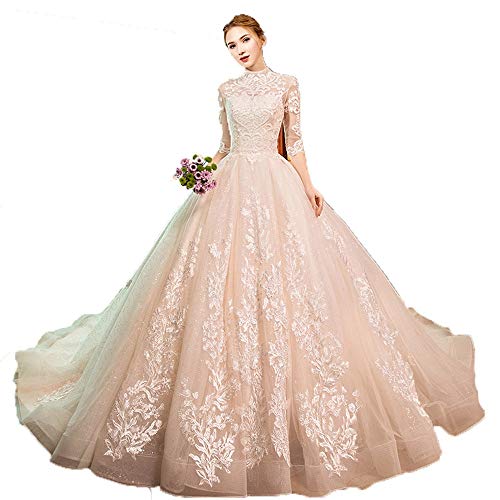KYEEY Vestidos de Boda de jardín Mujeres Media Manga Floral de Encaje Apliques de Malla de Tul Tren Largo Vestido de Novia Vestido de Novia Princesa Vestido de Novia Vestidos de cóctel para Mujer