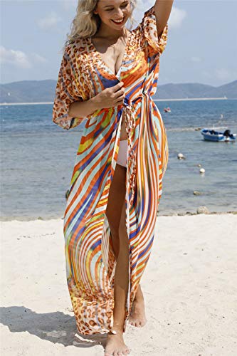 L-Peach Cardigan Kimono Vestido Largo de Playa Pareo Cover Up para Mujer