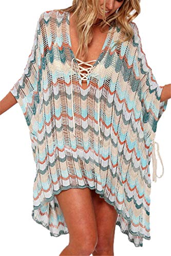 L-Peach Crochet Pareo Túnica de Playas de Algodón para Mujer Bikini Coverups Net Beachwear