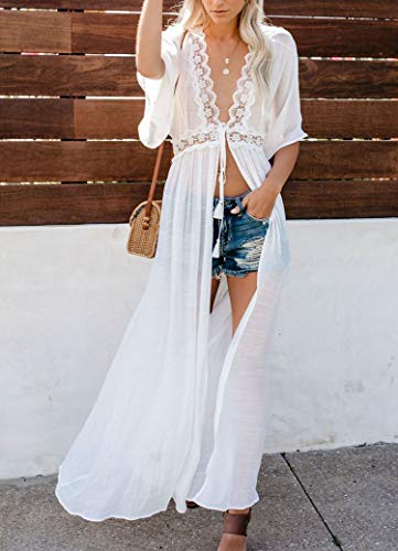 L-Peach Floral Encaje Vestido Largo de Playa Kimono Pareo de Algodón Bikini Cover Up para Mujer