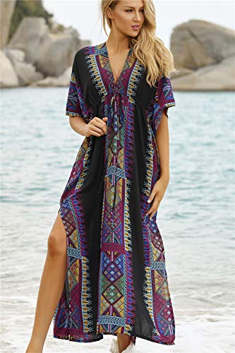 L-Peach Vestido Largo de Playa Pareo Kimono Maxi Kaftan Bikini Cover Up de Mujer (Talla única, Negro Estampado)