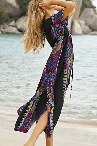 L-Peach Vestido Largo de Playa Pareo Kimono Maxi Kaftan Bikini Cover Up de Mujer (Talla única, Negro Estampado)