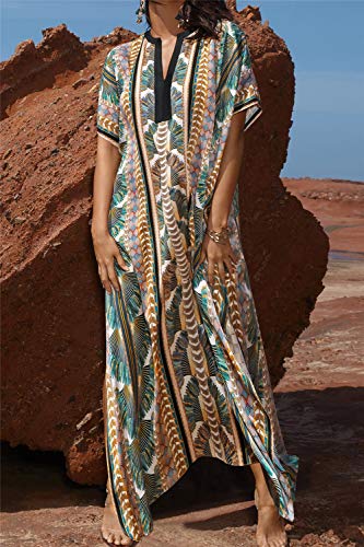 L-Peach Vestido Largo Kaftan Maxi de Playa Pareo Bikini Cover Up para Mujer