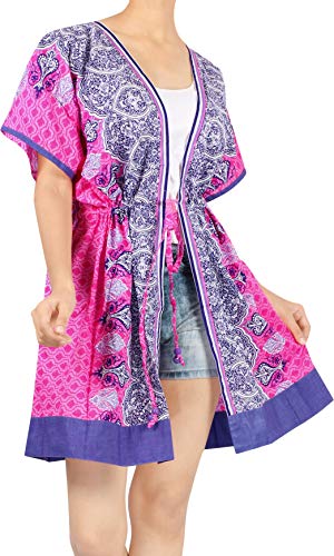 LA LEELA Algodón Kimono Impreso Corta Beach Cover Up para Mujer Suelta Ropa de Playa Encubrimiento de baño Bikini Vestido para la Playa, un tamaño Rosa_I158