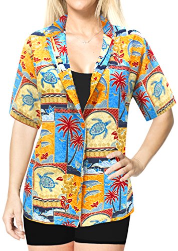LA LEELA botón Camisa Hawaiana Blusa Playa Mujere Cuello Manga Corta árbole Palma impresión Traje de baño Partido XXL-ES Tamaño-50-52 Amarillo_W999