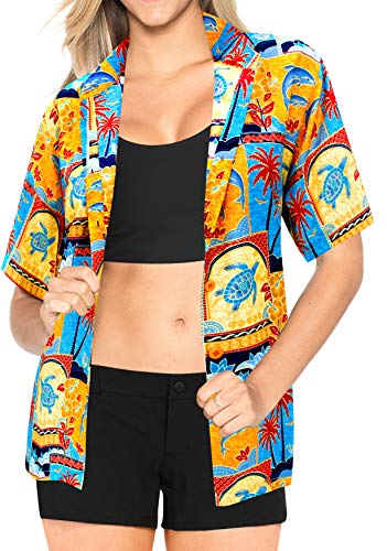 LA LEELA botón Camisa Hawaiana Blusa Playa Mujere Cuello Manga Corta árboles Palma impresión del Traje de baño Partido L-ES Tamaño-46-48 Amarillo_W999