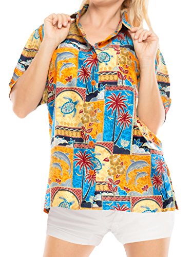 LA LEELA botón Camisa Hawaiana Blusa Playa Mujere Cuello Manga Corta árboles Palma impresión del Traje de baño Partido L-ES Tamaño-46-48 Amarillo_W999