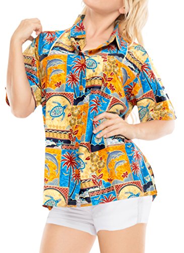 LA LEELA botón Camisa Hawaiana Blusa Playa Mujere Cuello Manga Corta árboles Palma impresión del Traje de baño Partido L-ES Tamaño-46-48 Amarillo_W999