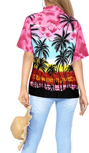 LA LEELA botón Camisa Hawaiana Blusa Playa Mujeres Cuello Manga Corta árboles Palma impresión del Traje de baño Partido S-ES Tamaño-42-44 Rosa_W964