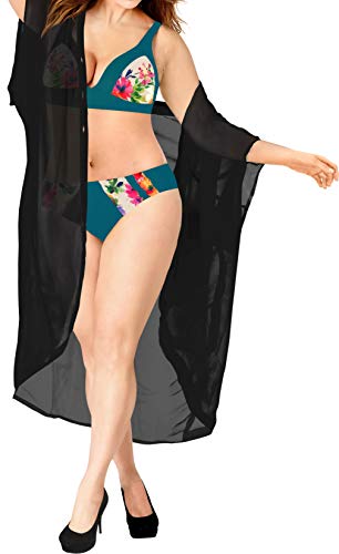 LA LEELA Disfraces De Fiesta De Halloween Corta De La De del Verano De Las Mujeres del Verano Que Cubre La Cubierta Superior De La Rebeca del sólida Kimono Llanura del MantóN De La Gasa Negro_A470