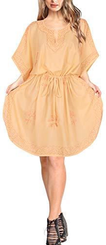 LA LEELA Mujer Kaftan Rayón Túnico Bordado Kimono Estilo Más tamaño Vestido para Loungewear Vacaciones Ropa de Dormir & Cada día Cubrir para Arriba Tops Camisolas Playa Calabaza Naranja_G449